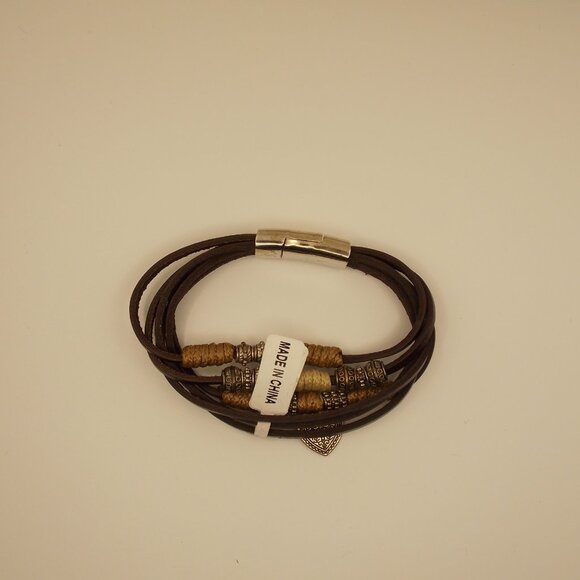 Leather and Silver Beaded 6 Strand Bracelet Magnet Clasp Heart Charm Boho Hippie - Picture 10 of 11